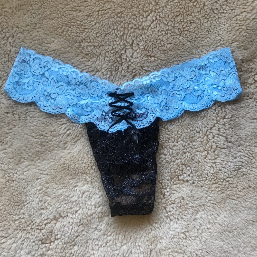 Stretchy black and baby blue lace thong panties